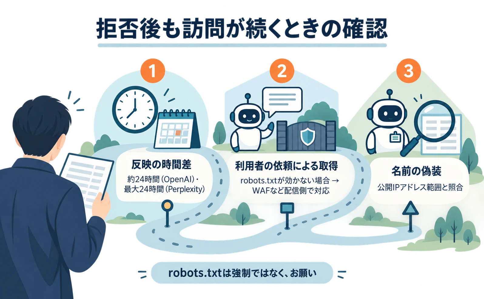 robots.txtで拒否した後も訪問が続くときの点検ルート。①反映の時間差:OpenAIは約24時間、Perplexityは最大24時間。②利用者の依頼による取得:robots.txtが効かない場合があり、WAFなど配信側で対応。③名前の偽装:公開されているIPアドレス範囲と照合。robots.txtは強制ではなくお願いという注記付き。