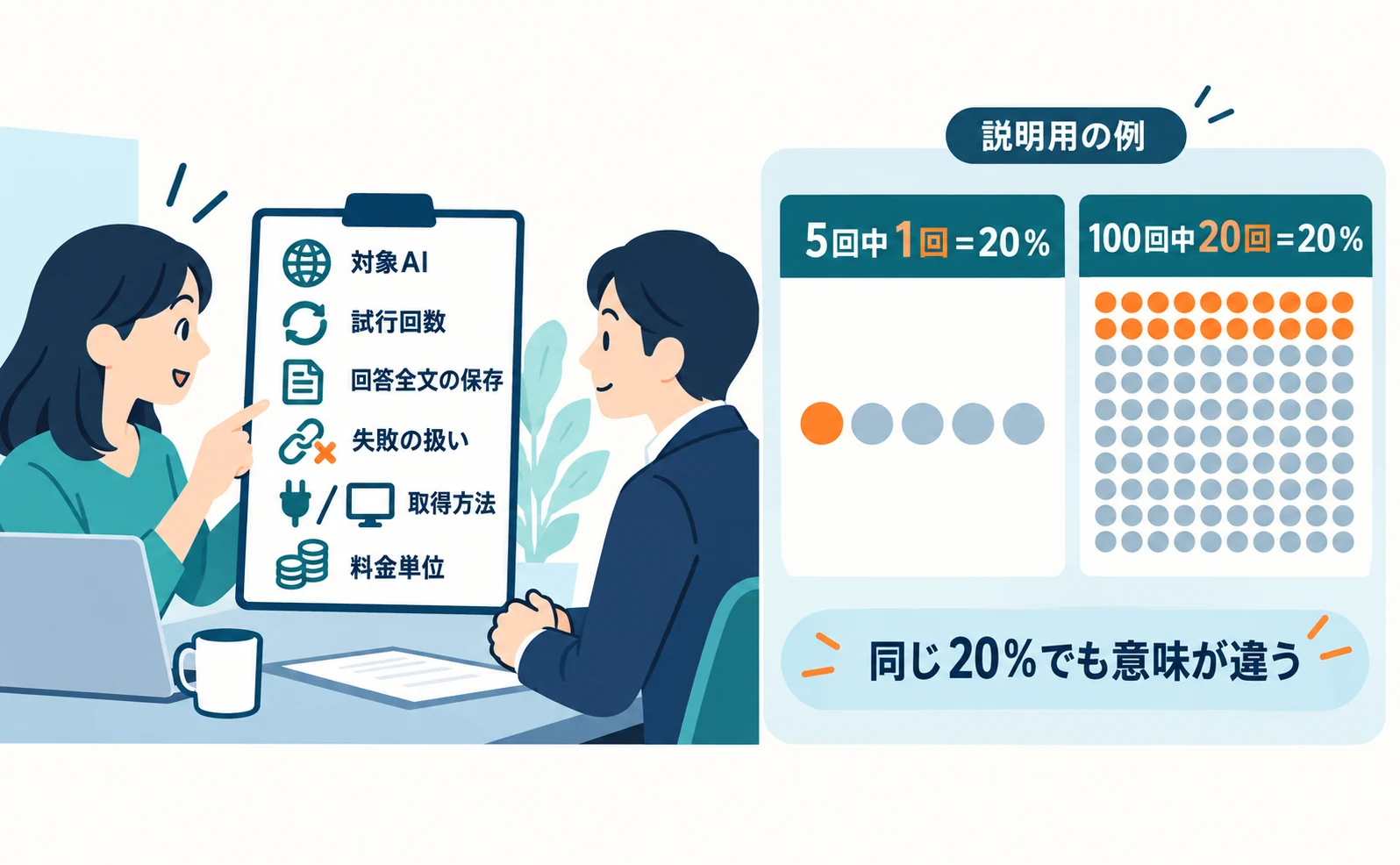 引用観測ツールを比べる6つの軸の図。対象AI、試行回数、回答全文の保存、失敗の扱い、取得方法、料金単位を販売元に聞く質問として並べ、横に5回中1回と100回中20回がどちらも20%になる説明用の例を示している。