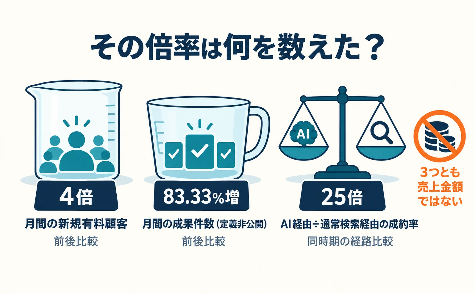 3つのラベル付き容器の図。「4倍」は月間の新規有料顧客(前後比較)、「83.33%増」は月間の成果件数・定義非公開(前後比較)、「25倍」はAI経由と通常検索経由の成約率の比較。3つとも「売上金額ではない」と注記