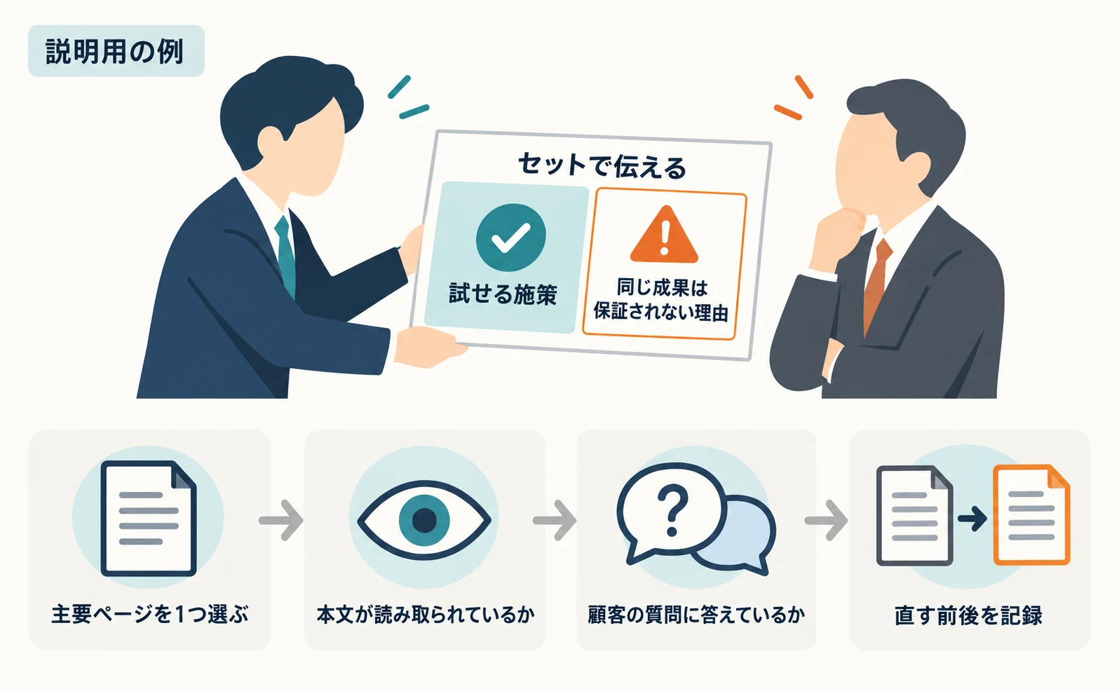 説明用の例:上司への説明を「試せる施策」と「同じ成果が保証されない理由」の2つをセットにして伝える図。下に最初の一歩として「主要ページを1つ選ぶ→本文が読み取られているか→顧客の質問に答えているか→直す前後を記録」の流れ