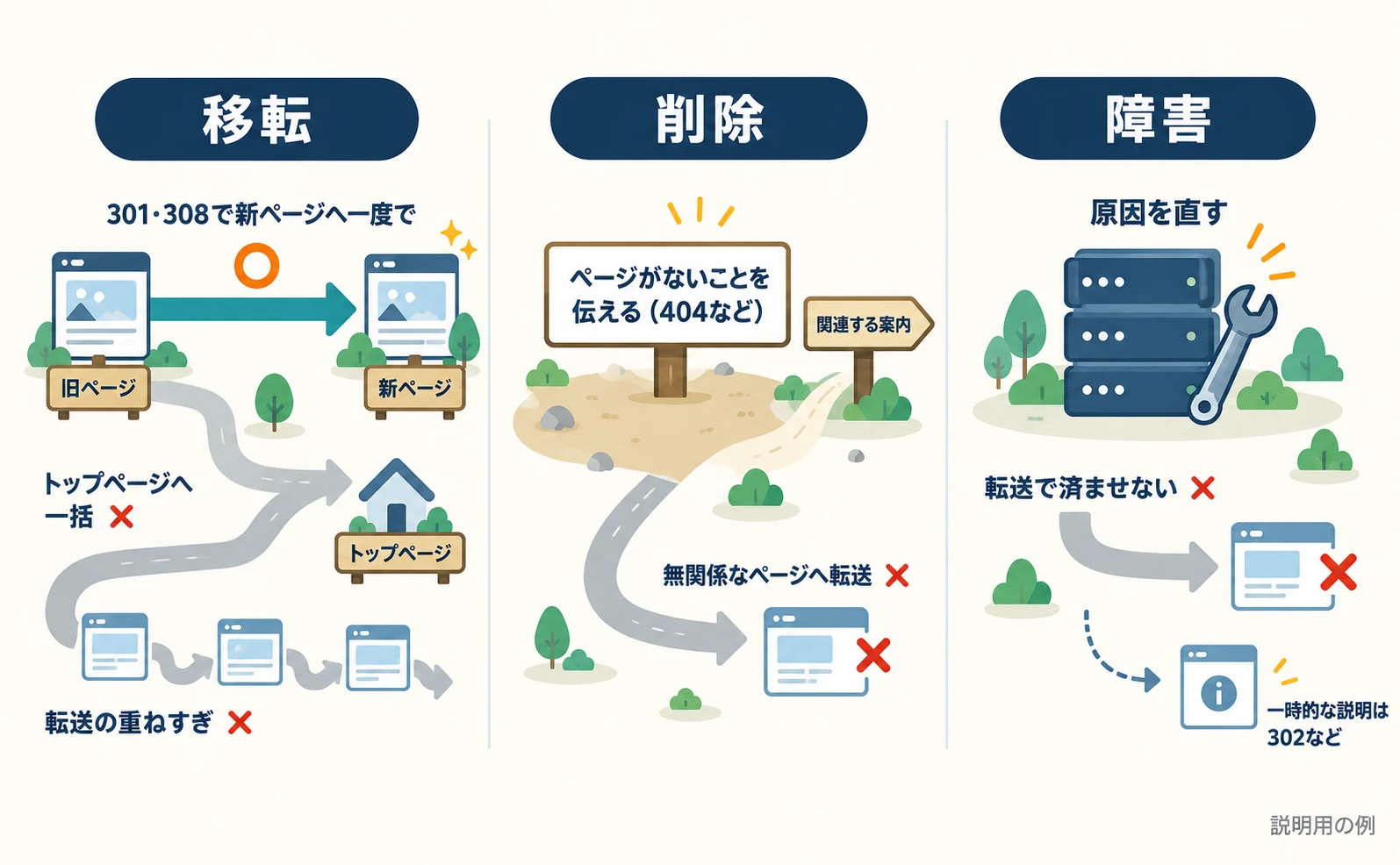 3列の対比図。移転は旧URLから同じ内容の新ページへ一度で転送し、何でもトップページへ送る道には×。削除は無関係なページへの転送に×を付け、ページがないことと関連する案内を示す。障害は転送に×を付け、サーバーを修理する。