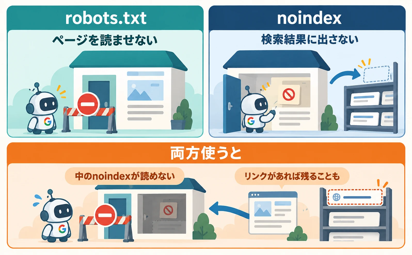 robots.txtは読みに来たプログラムを入口で止め、noindexはページを読んだ後に検索結果へ出さない指示だと比べる図。両方使うと中のnoindexが読めず、他ページからのリンクがあれば検索に残ることがあると示す。