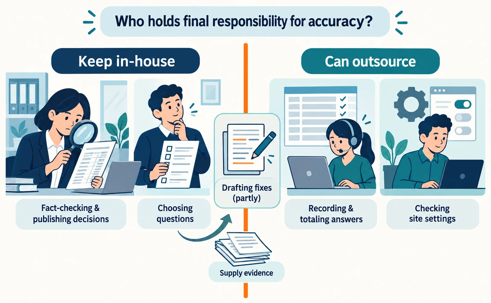 Diagram of a dividing line between in-house and outsourced work: recording and totaling answers and checking site settings on the outsource side, drafting fixes partly outsourced, and fact-checking with publishing decisions and choosing questions kept in-house
