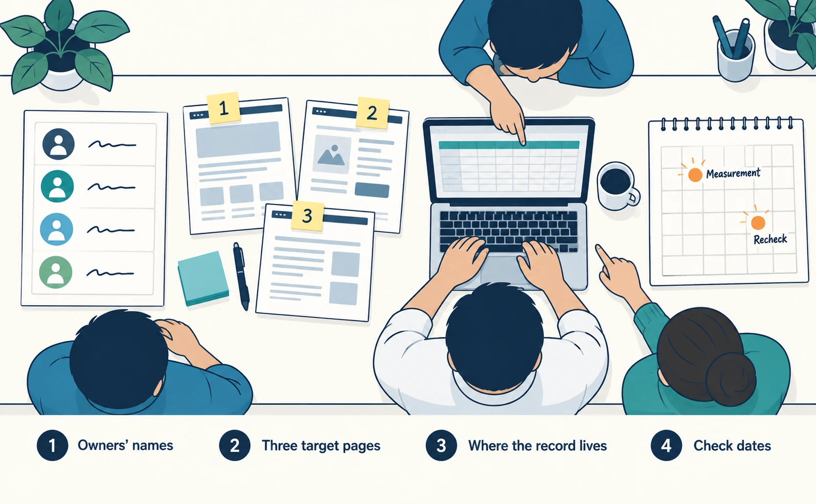 The four first-month decisions: a board with an owner’s name for each role, three numbered target pages, a shared record everyone views, and a calendar marked with a measurement date and a recheck date