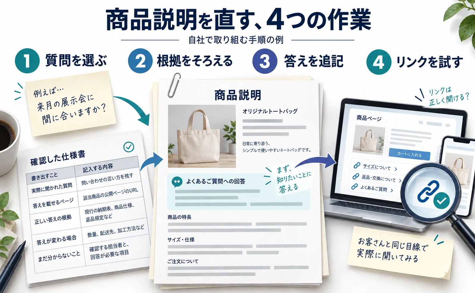 質問、根拠、商品説明、実際のリンク確認までを一つの作業として進める