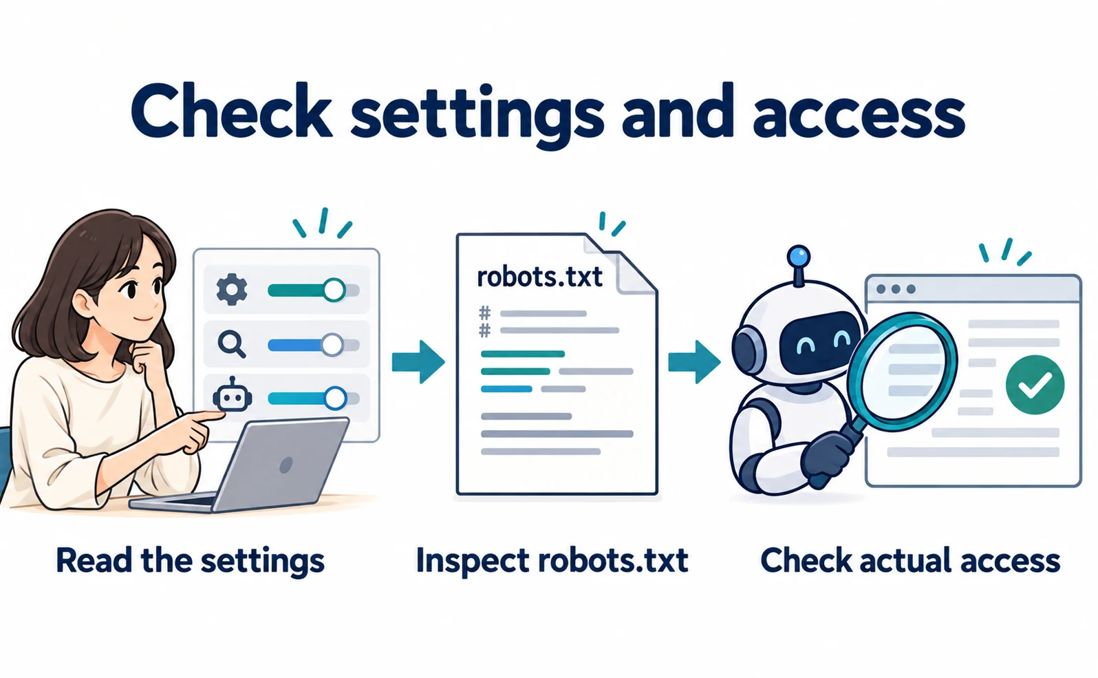 Inspect settings, the robots file, and actual retrieval results