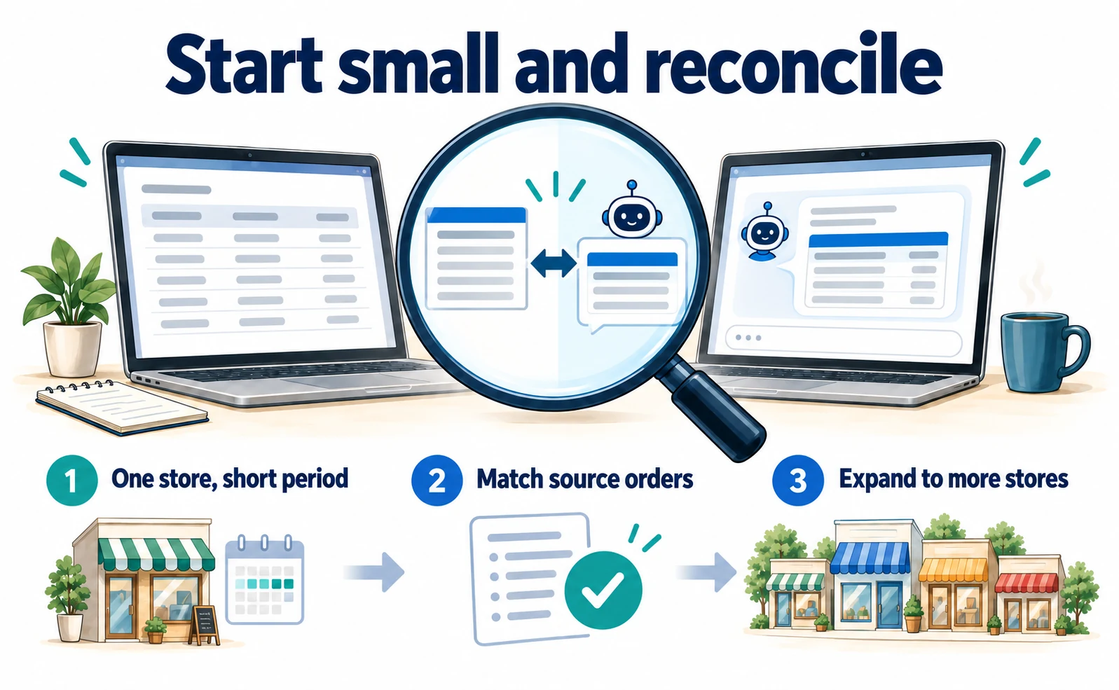 Trial one store and period, reconcile the records, then expand