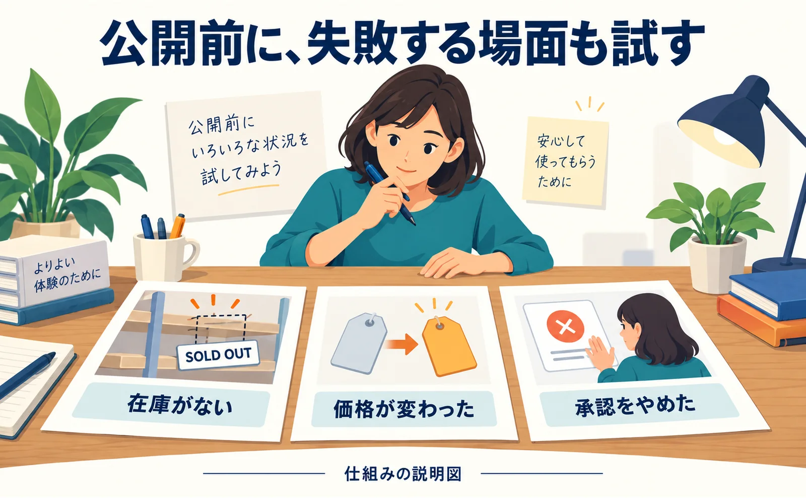 在庫切れ、価格変更、購入者の取消しを、試験で確認する