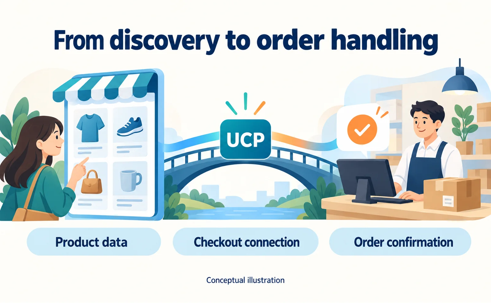 Product data connects to order confirmation through a UCP checkout connection. This is a conceptual illustration, not a live interface.