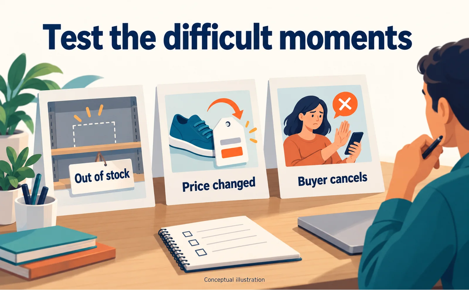 Test an unavailable product, a changed price, and a buyer who cancels approval