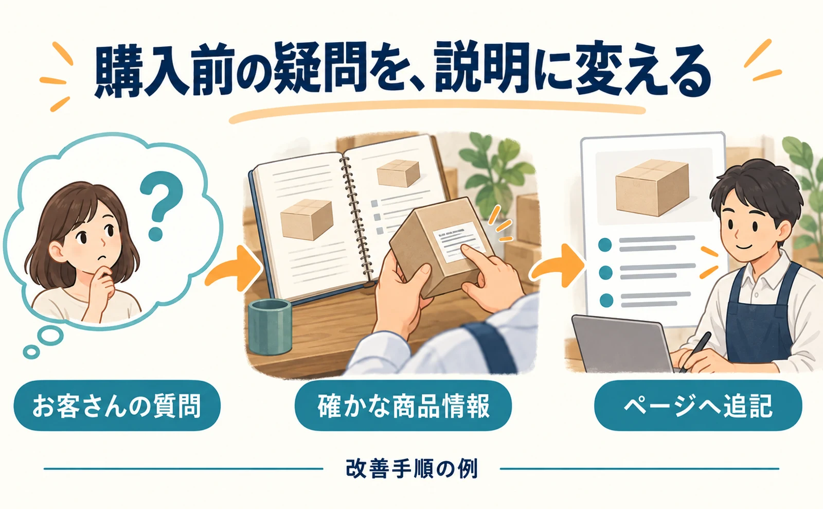 問い合わせを商品情報と照合してから、公開ページの説明に反映する手順