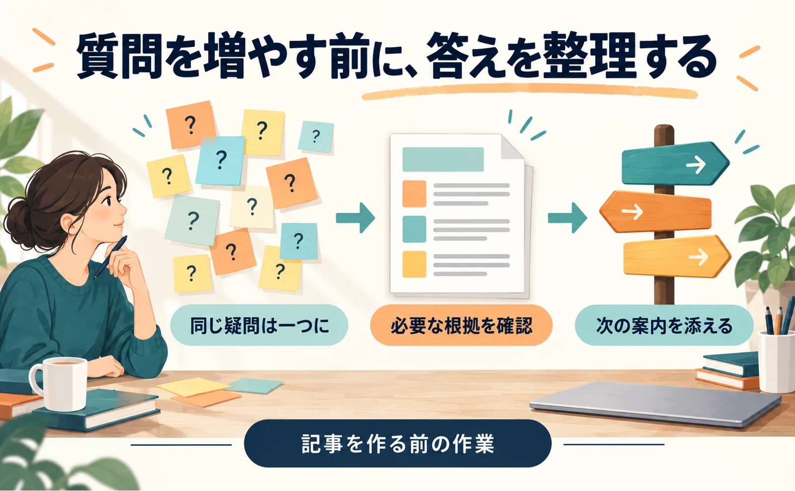 似た疑問をまとめ、根拠を確かめ、次に進む案内を添えて記事にする作業