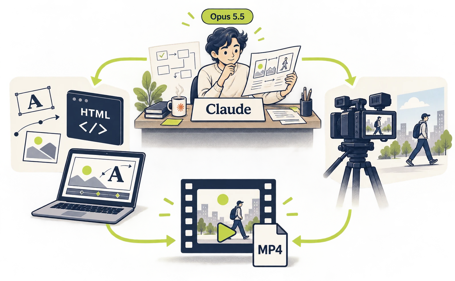 Claudeが設計し、コード描画や外部生成を経て動画になる役割分担