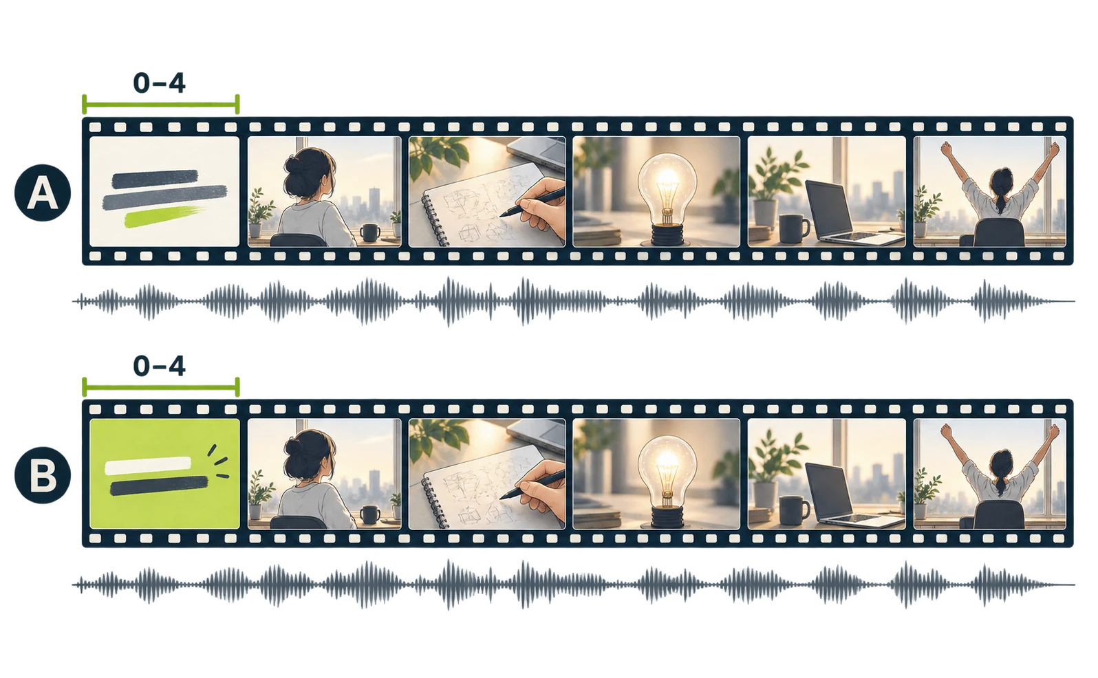 冒頭の言葉だけを変え、後半とBGMをそろえる比較動画の例