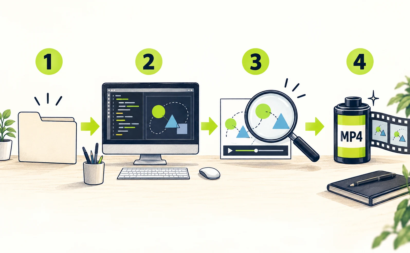 Project folder, composition, preview and MP4 export in sequence