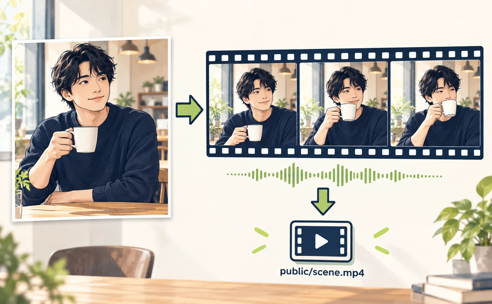 人物の参照画像から短い動きと声のある場面を作る例