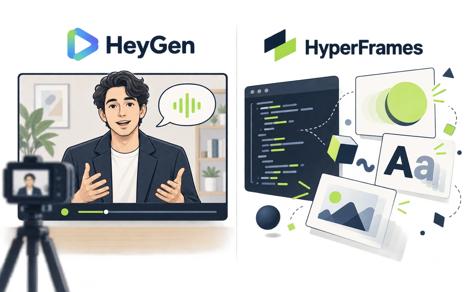 HeyGen centers a presenter while HyperFrames animates text and graphics