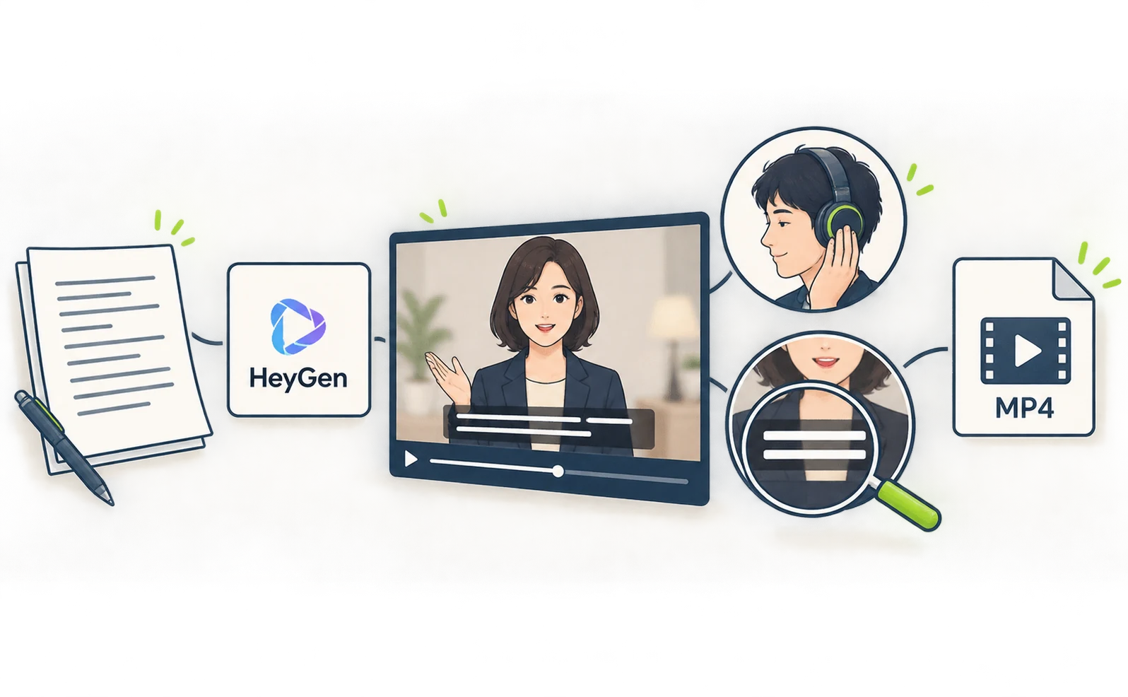 Approve the script, generate the avatar, inspect speech and captions, then save MP4