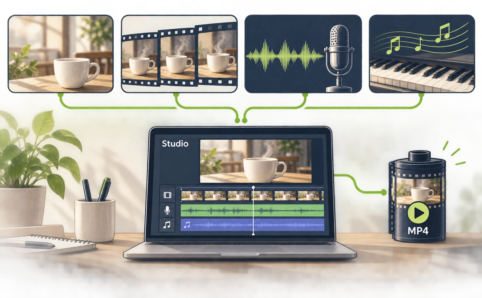 画像を映像にし、声とBGMをStudioで合わせて書き出す例