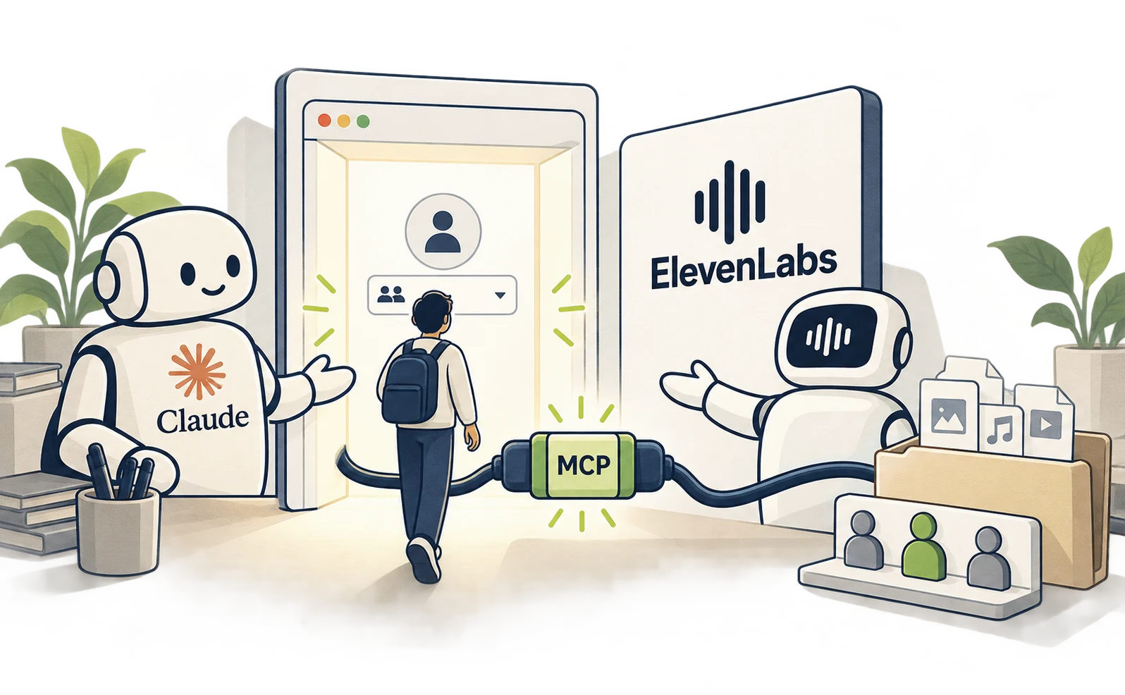 ClaudeとElevenLabsを接続し、利用するワークスペースを確認する図