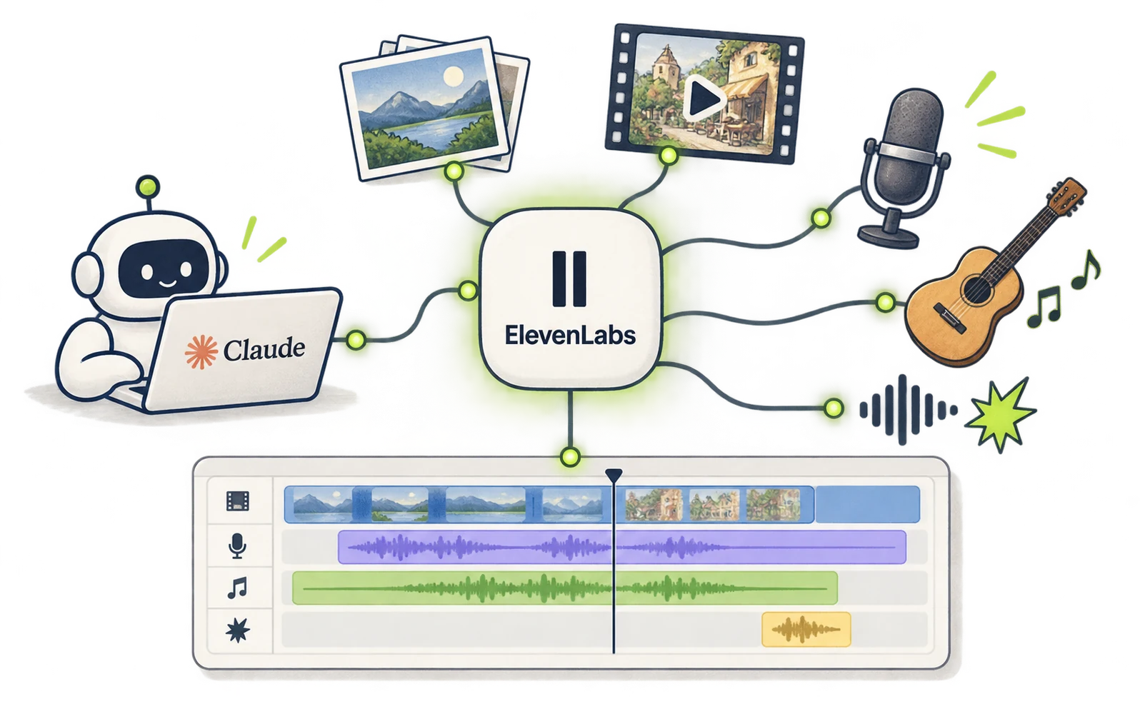 ElevenLabsの接続から画像・動画・声・音楽・効果音を扱う構成
