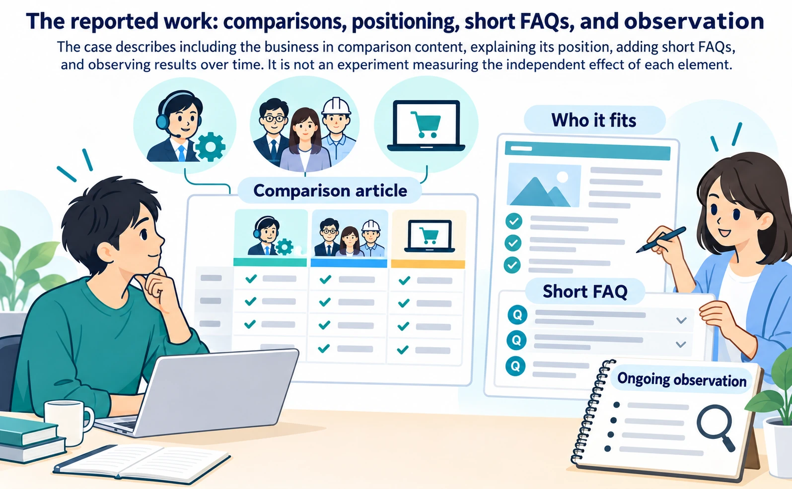 The reported work: comparisons, positioning, short FAQs, and observation (illustration)