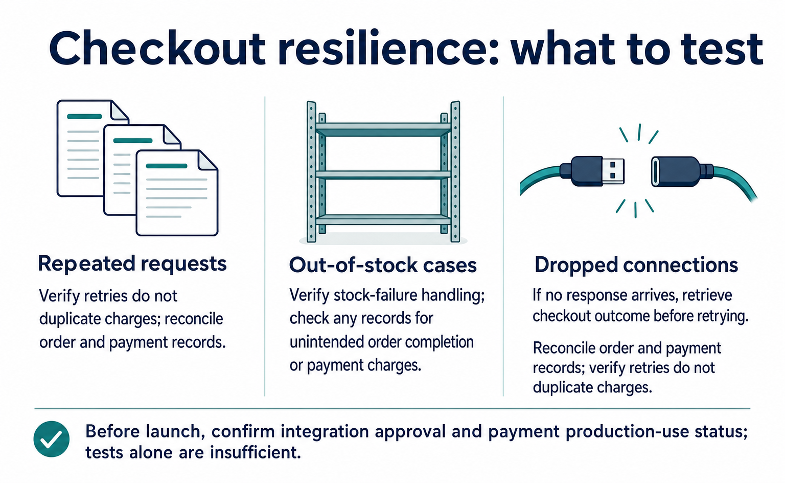 Test repeated requests, out-of-stock cases, and dropped connections to prevent duplicate charges and verify order and payment records